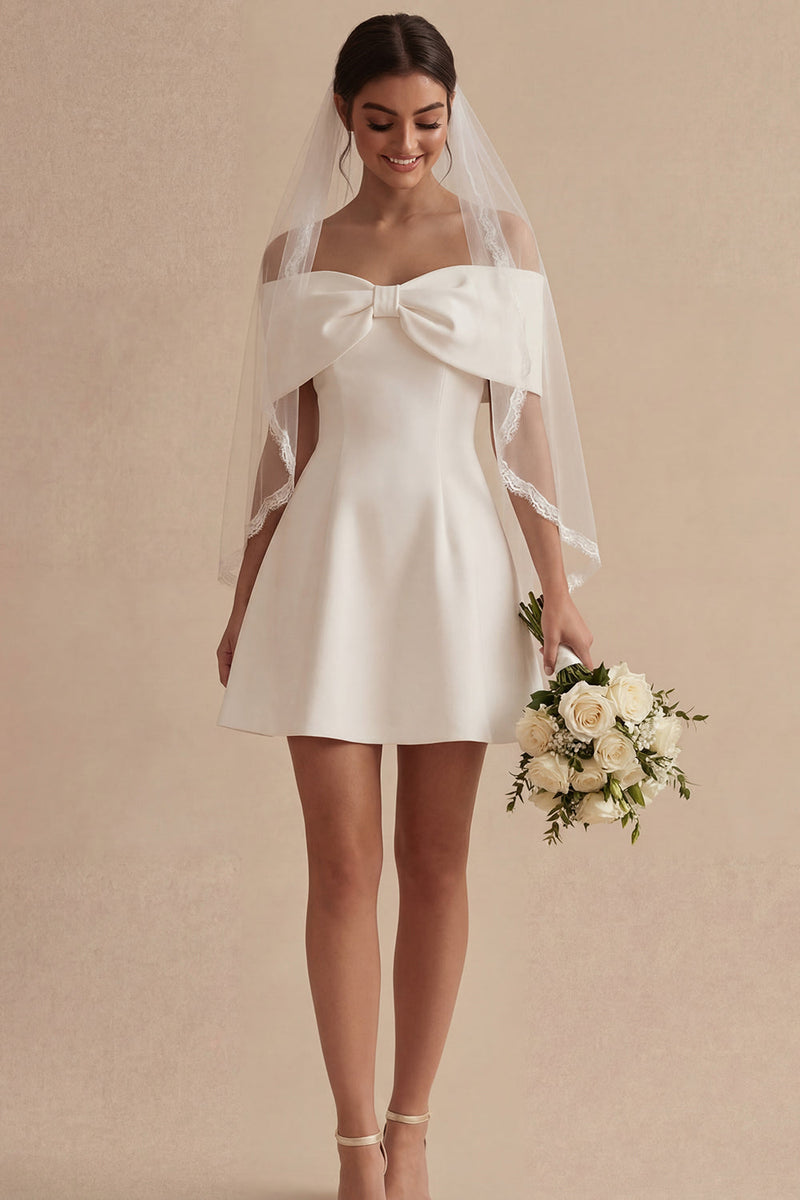 Load image into Gallery viewer, White Off the Shoulder Short A Line Beach Wedding Dress with Bow