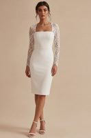 Load image into Gallery viewer, White Midi Bodycon Long Sleeves Floral Wedding Dress with Lace