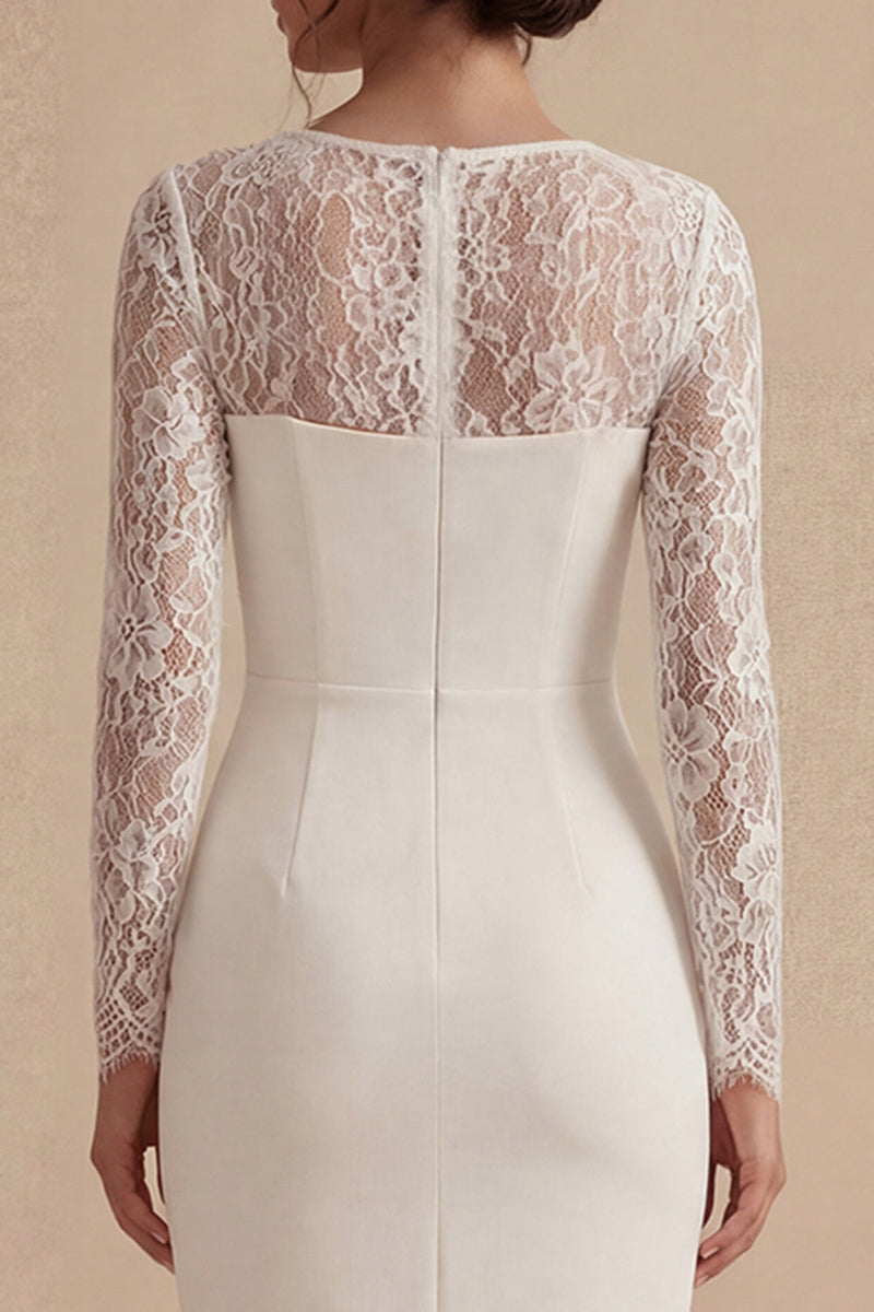Load image into Gallery viewer, White Midi Bodycon Long Sleeves Floral Wedding Dress with Lace
