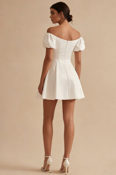 Short Puff Sleeves Off the Shoulder White A Line Beach Wedding Dress