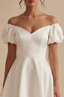 Load image into Gallery viewer, Short Puff Sleeves Off the Shoulder White A Line Beach Wedding Dress