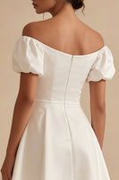 Load image into Gallery viewer, Short Puff Sleeves Off the Shoulder White A Line Beach Wedding Dress