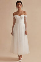 Load image into Gallery viewer, Maxi Ruched Long Sleeves White A Line Off the Shoulder Wedding Dress