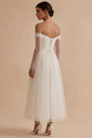 Load image into Gallery viewer, Maxi Ruched Long Sleeves White A Line Off the Shoulder Wedding Dress