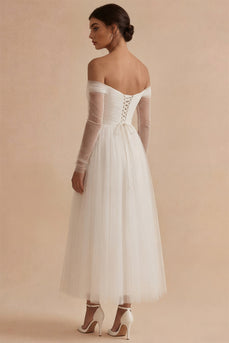 Maxi Ruched Long Sleeves White A Line Off the Shoulder Wedding Dress