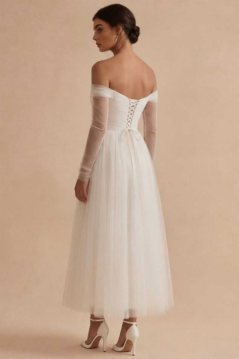 Load image into Gallery viewer, Maxi Ruched Long Sleeves White A Line Off the Shoulder Wedding Dress