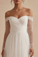 Load image into Gallery viewer, Maxi Ruched Long Sleeves White A Line Off the Shoulder Wedding Dress
