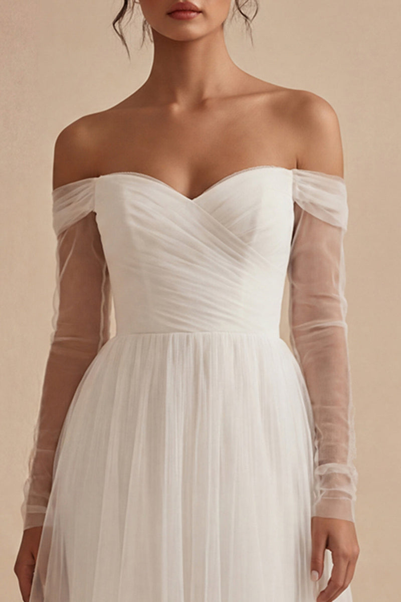 Load image into Gallery viewer, Maxi Ruched Long Sleeves White A Line Off the Shoulder Wedding Dress