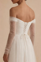 Load image into Gallery viewer, Maxi Ruched Long Sleeves White A Line Off the Shoulder Wedding Dress