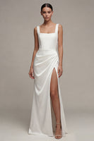 Load image into Gallery viewer, Square Neck Sheath Ruched White Maxi Beach Wedding Dress with Slit
