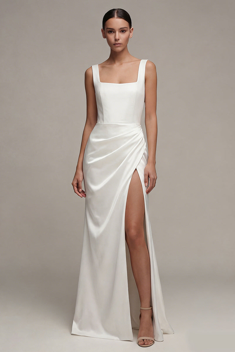 Load image into Gallery viewer, Square Neck Sheath Ruched White Maxi Beach Wedding Dress with Slit