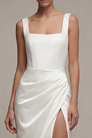 Load image into Gallery viewer, Square Neck Sheath Ruched White Maxi Beach Wedding Dress with Slit