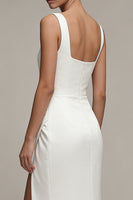 Load image into Gallery viewer, Square Neck Sheath Ruched White Maxi Beach Wedding Dress with Slit