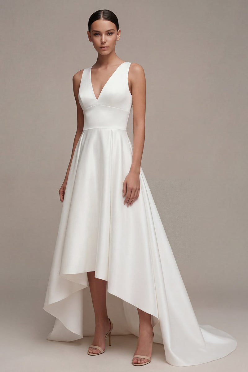 Load image into Gallery viewer, White A Line V-Neck High Low Beach Wedding Dress