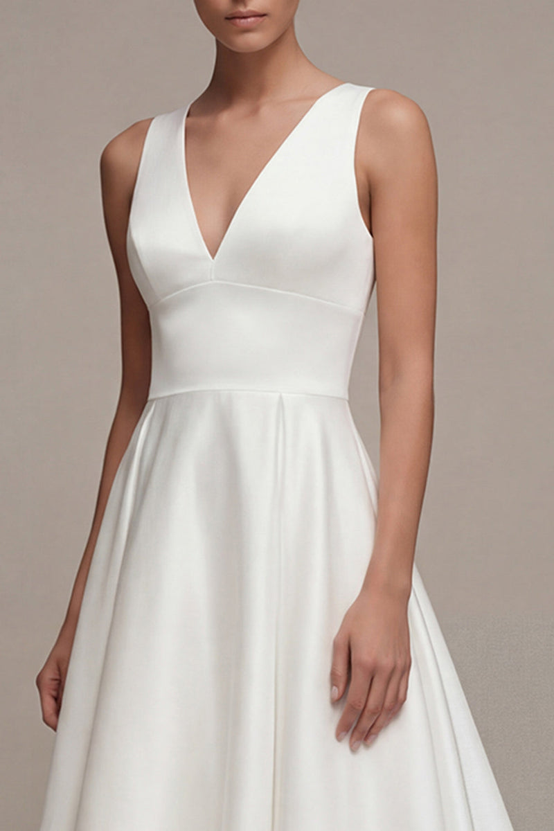 Load image into Gallery viewer, White A Line V-Neck High Low Beach Wedding Dress