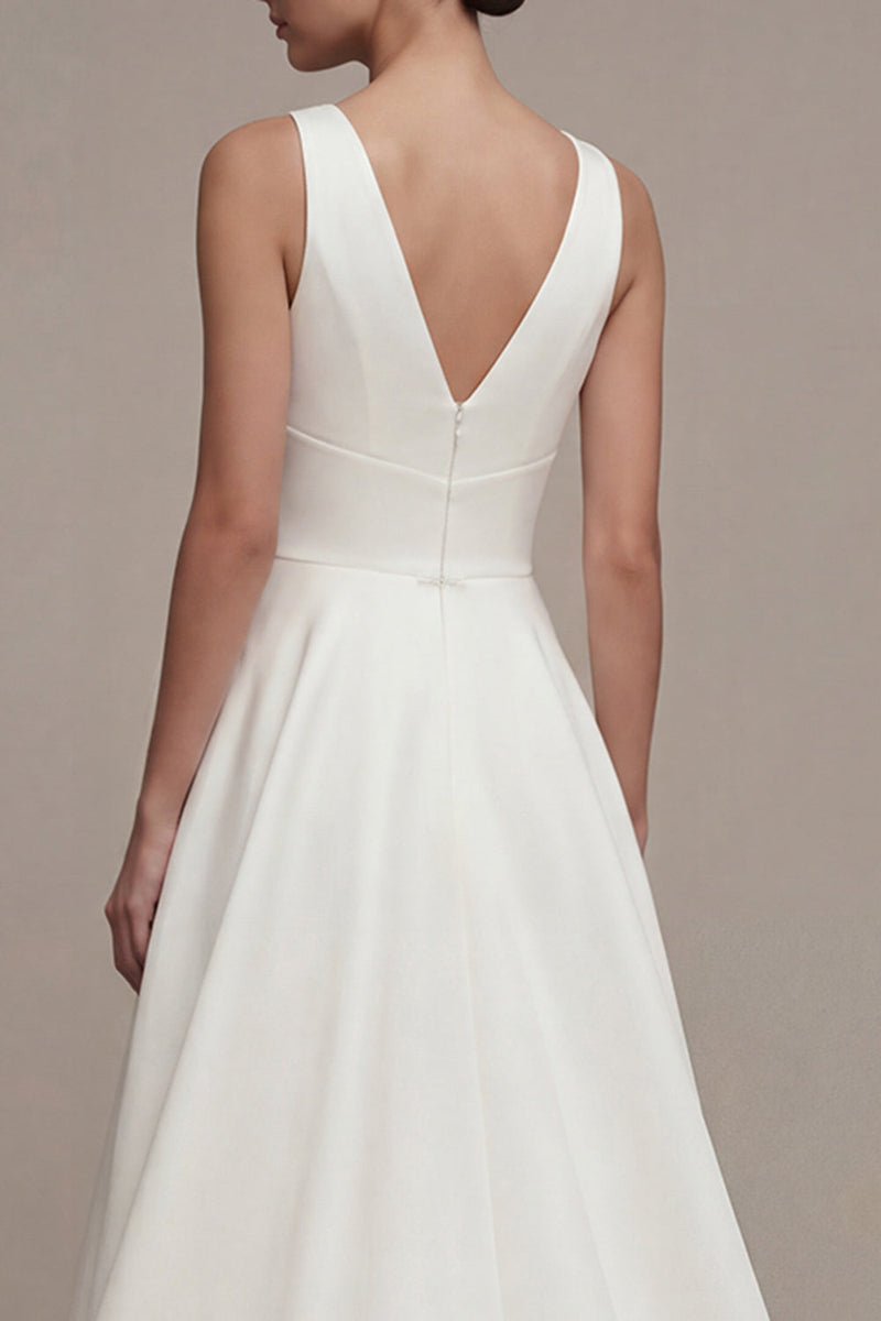 Load image into Gallery viewer, White A Line V-Neck High Low Beach Wedding Dress
