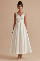 Load image into Gallery viewer, White Maxi A Line V-Neck Wedding Dress with Lace