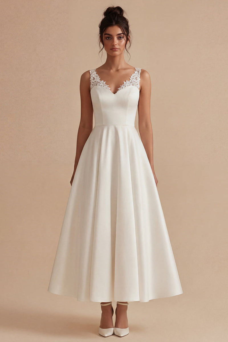 Load image into Gallery viewer, White Maxi A Line V-Neck Wedding Dress with Lace