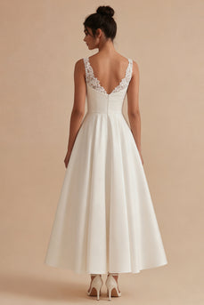 White Maxi A Line V-Neck Wedding Dress with Lace