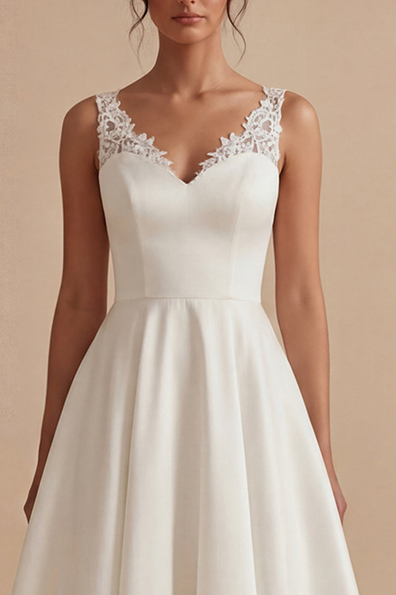 Load image into Gallery viewer, White Maxi A Line V-Neck Wedding Dress with Lace