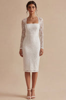 Load image into Gallery viewer, Midi Bodycon Lace Long Sleeves White Floral Boho Wedding Dress