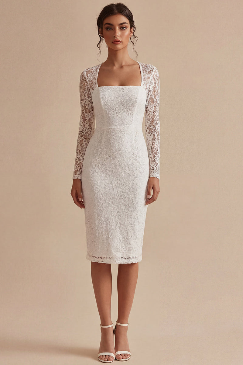 Load image into Gallery viewer, Midi Bodycon Lace Long Sleeves White Floral Boho Wedding Dress
