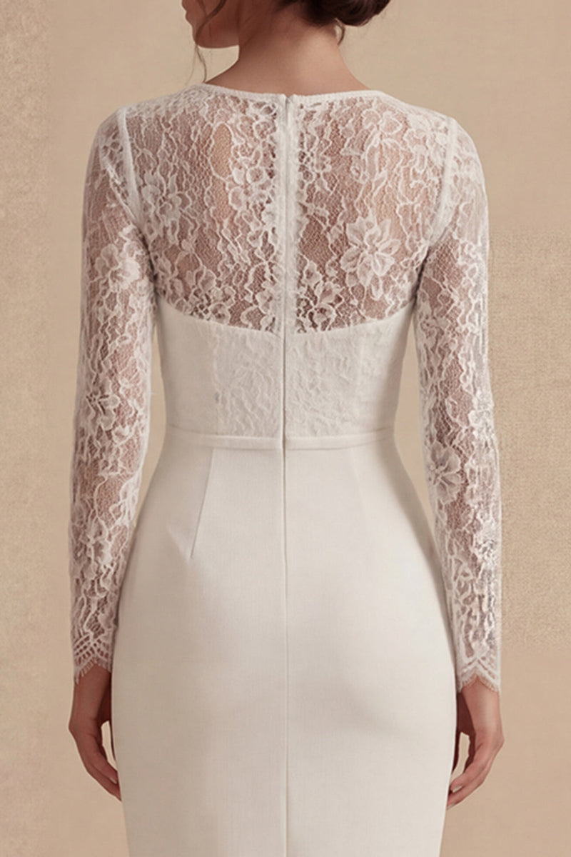 Load image into Gallery viewer, Midi Bodycon Lace Long Sleeves White Floral Boho Wedding Dress