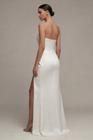 Load image into Gallery viewer, Maxi Strapless Ruched White Sheath Beach Wedding Dress with Slit