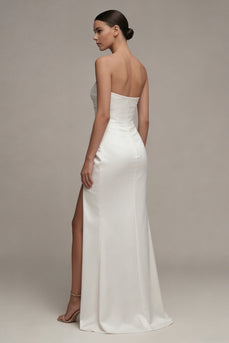 Maxi Strapless Ruched White Sheath Beach Wedding Dress with Slit