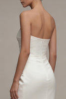Load image into Gallery viewer, Maxi Strapless Ruched White Sheath Beach Wedding Dress with Slit