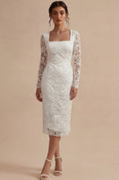 Load image into Gallery viewer, White Lace Long Sleeves Floral Midi Bodycon Boho Wedding Dress