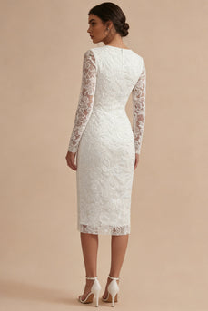 White Lace Long Sleeves Floral Midi Bodycon Boho Wedding Dress