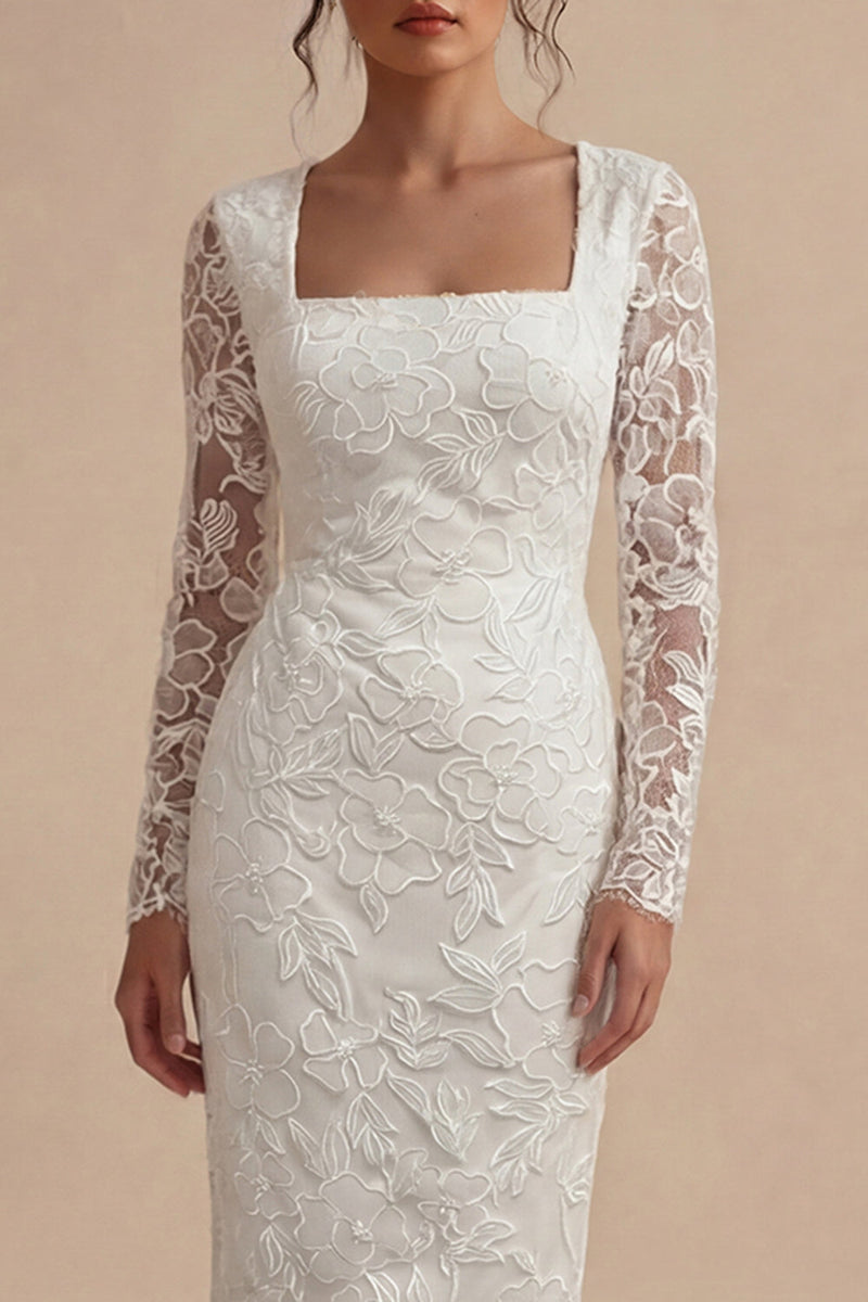Load image into Gallery viewer, White Lace Long Sleeves Floral Midi Bodycon Boho Wedding Dress