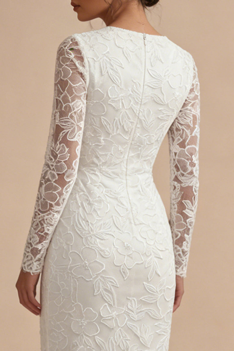 Load image into Gallery viewer, White Lace Long Sleeves Floral Midi Bodycon Boho Wedding Dress
