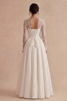 White Maxi Floral Long Sleeves A Line Boho Wedding Dress with Lace