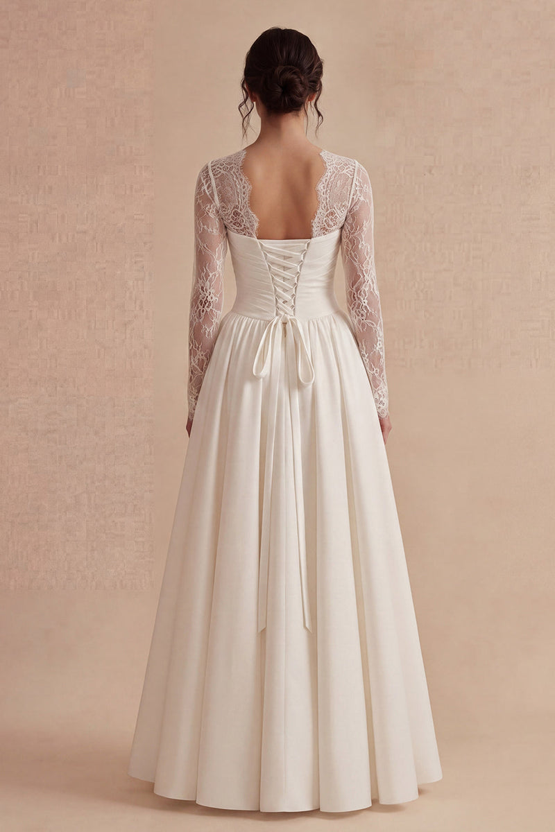 Load image into Gallery viewer, White Maxi Floral Long Sleeves A Line Boho Wedding Dress with Lace