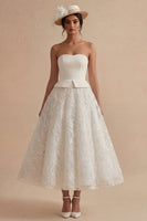 Load image into Gallery viewer, Strapless Lace White Maxi Floral A Line Boho Wedding Dress