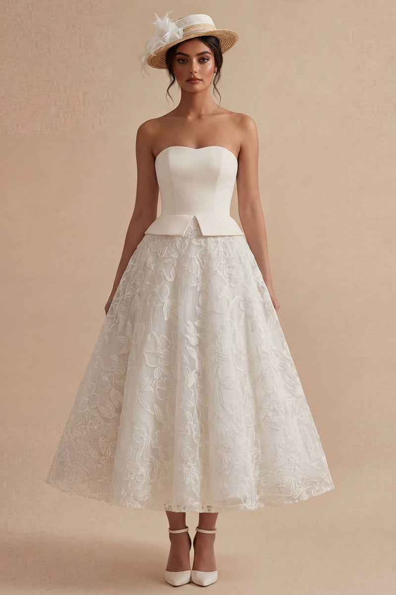 Load image into Gallery viewer, Strapless Lace White Maxi Floral A Line Boho Wedding Dress