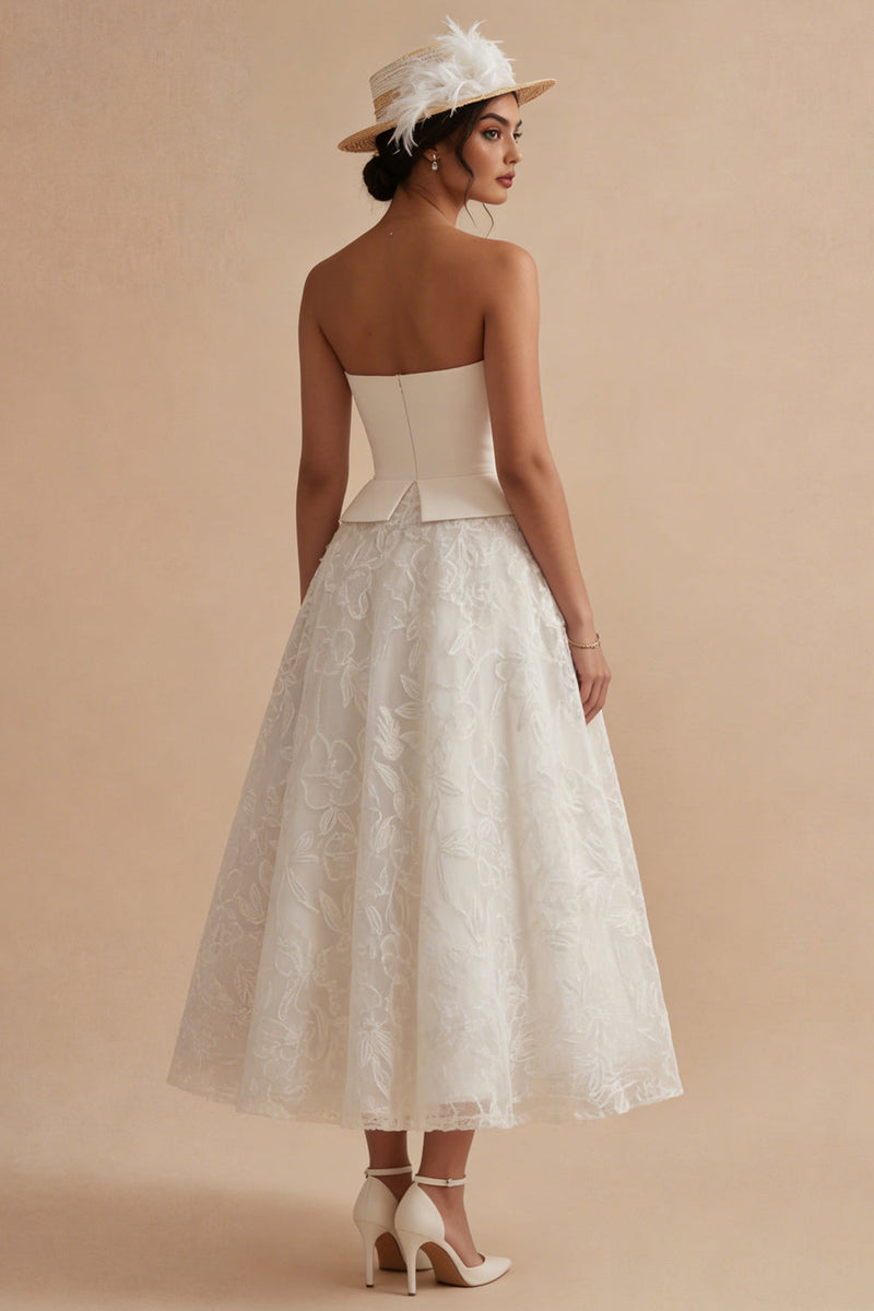 Load image into Gallery viewer, Strapless Lace White Maxi Floral A Line Boho Wedding Dress