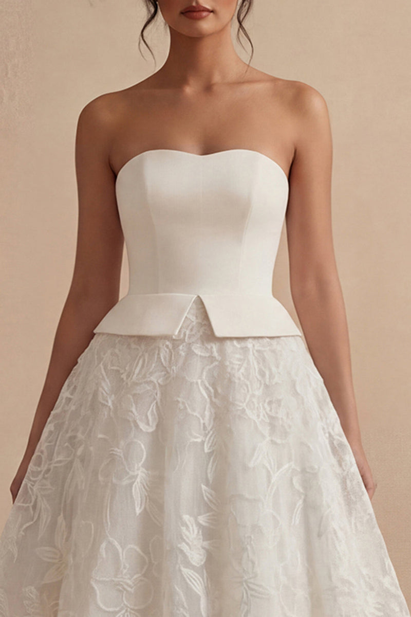 Load image into Gallery viewer, Strapless Lace White Maxi Floral A Line Boho Wedding Dress