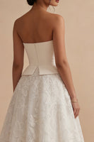 Load image into Gallery viewer, Strapless Lace White Maxi Floral A Line Boho Wedding Dress
