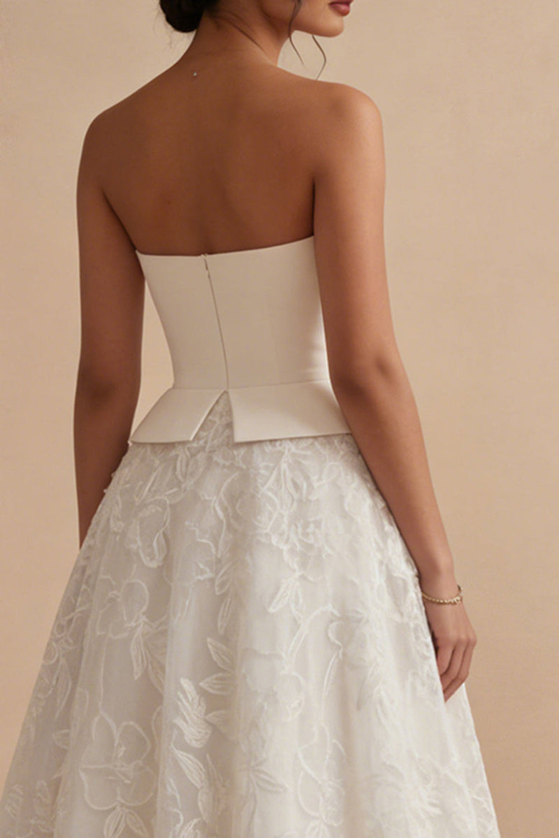 Load image into Gallery viewer, Strapless Lace White Maxi Floral A Line Boho Wedding Dress