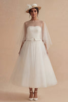Load image into Gallery viewer, A Line White Ilusion Bateau Neck Maxi Boho Wedding Dress