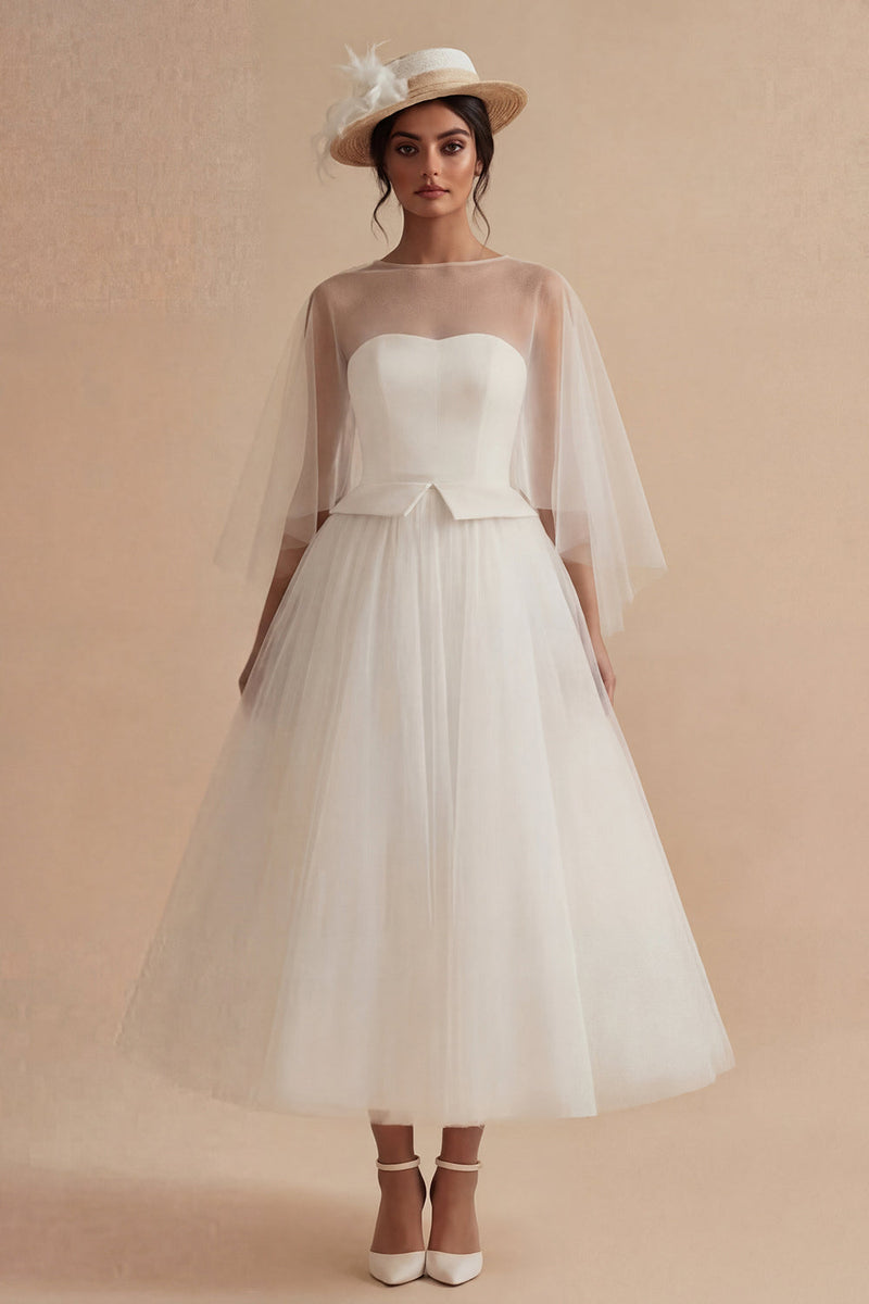 Load image into Gallery viewer, A Line White Ilusion Bateau Neck Maxi Boho Wedding Dress