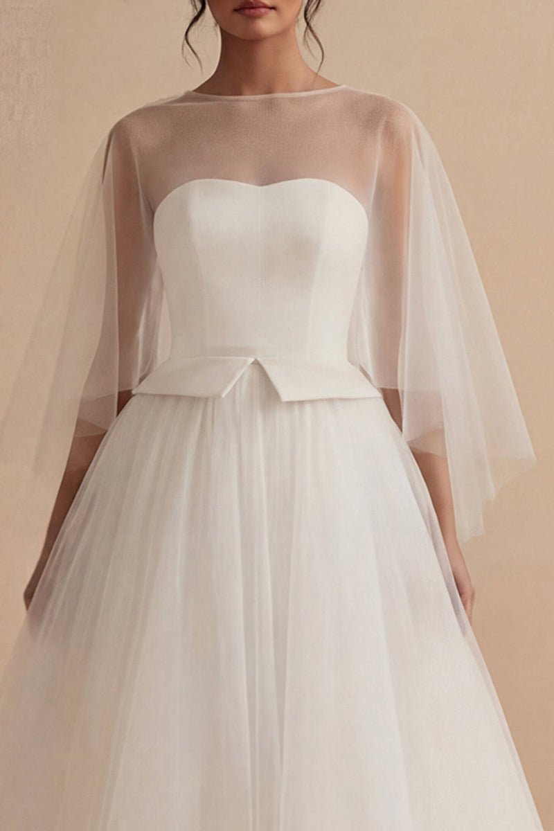 Load image into Gallery viewer, A Line White Ilusion Bateau Neck Maxi Boho Wedding Dress