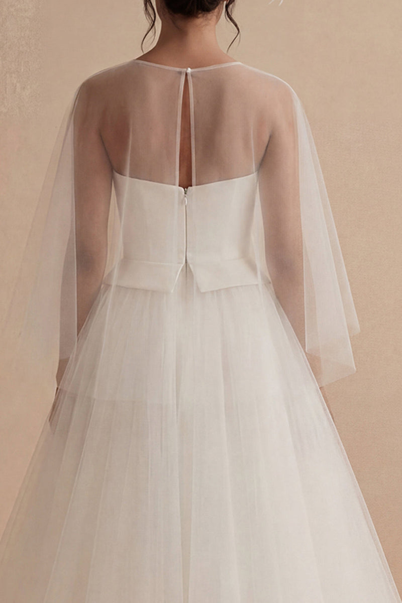 Load image into Gallery viewer, A Line White Ilusion Bateau Neck Maxi Boho Wedding Dress