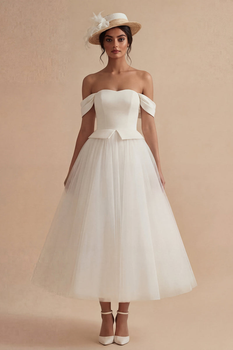 Load image into Gallery viewer, White Off the Shoulder A Line Maxi Boho Wedding Dress