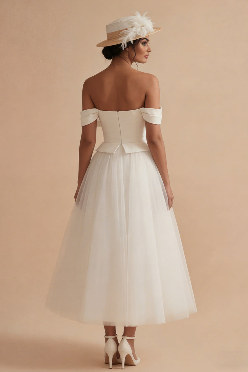 Load image into Gallery viewer, White Off the Shoulder A Line Maxi Boho Wedding Dress