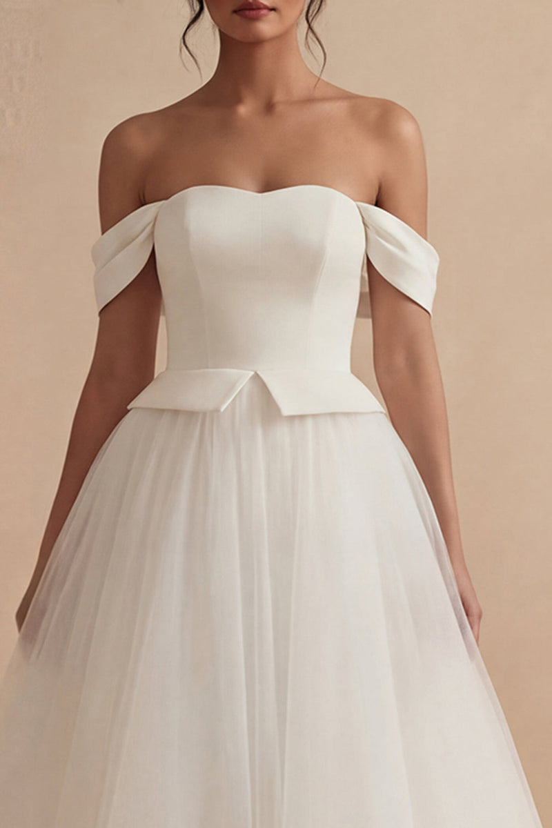 Load image into Gallery viewer, White Off the Shoulder A Line Maxi Boho Wedding Dress
