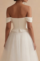 Load image into Gallery viewer, White Off the Shoulder A Line Maxi Boho Wedding Dress